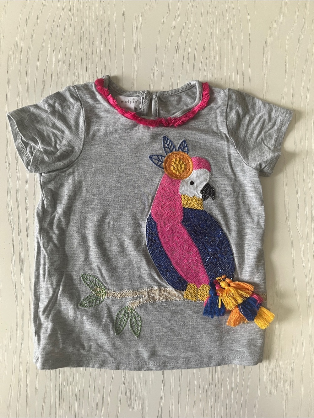 Mud Pie Gray Tee with Pink Parrot Applique and Tassel Tail
